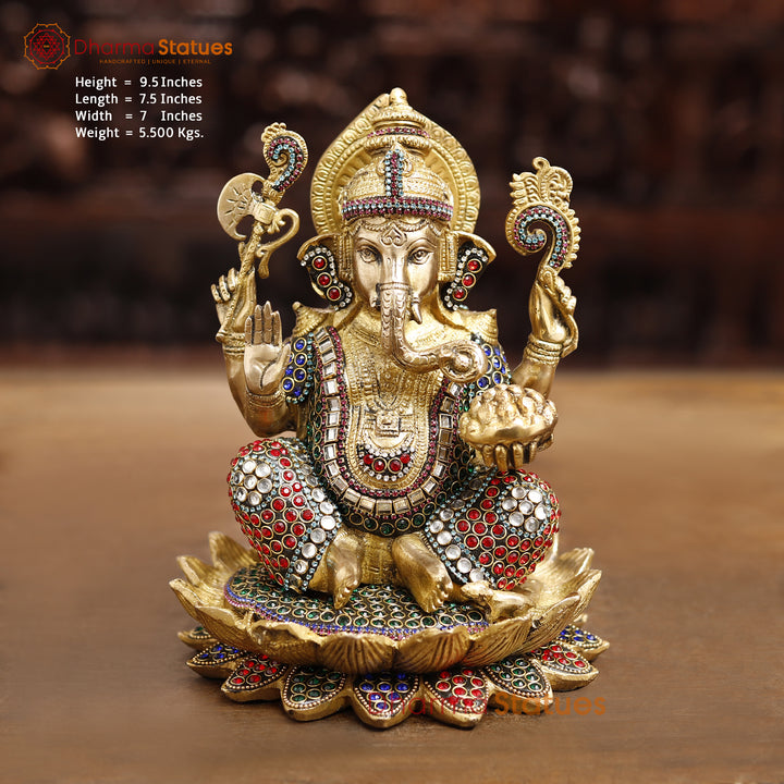 Brass Lord Ganesha Idol, Seated in a Blessing Posture, Golden & Stone work 9.5" Front View