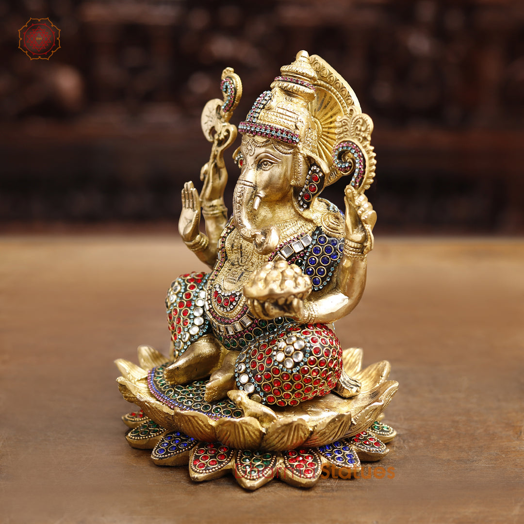 Brass Lord Ganesha Idol, Seated in a Blessing Posture, Golden & Stone work 9.5"