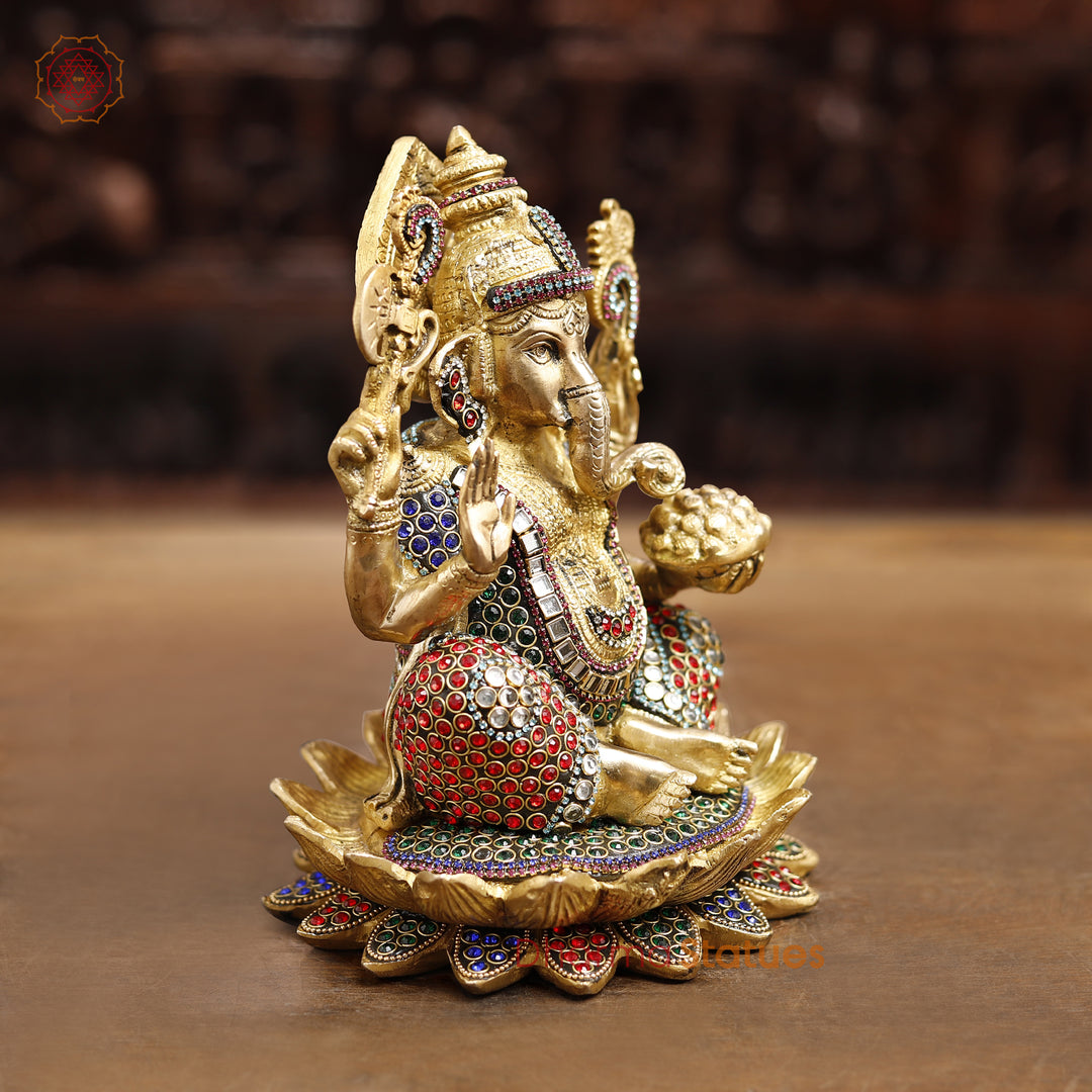 Brass Lord Ganesha Idol, Seated in a Blessing Posture, Golden & Stone work 9.5"