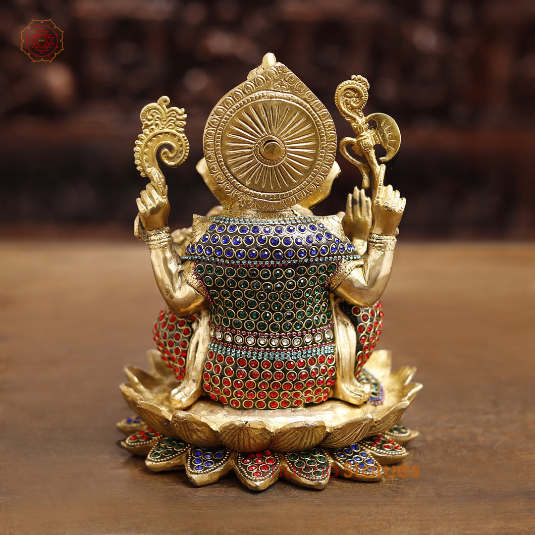 Brass Lord Ganesha Idol, Seated in a Blessing Posture, Golden & Stone work 9.5"