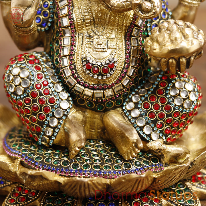 Brass Lord Ganesha Idol, Seated in a Blessing Posture, Golden & Stone work 9.5"