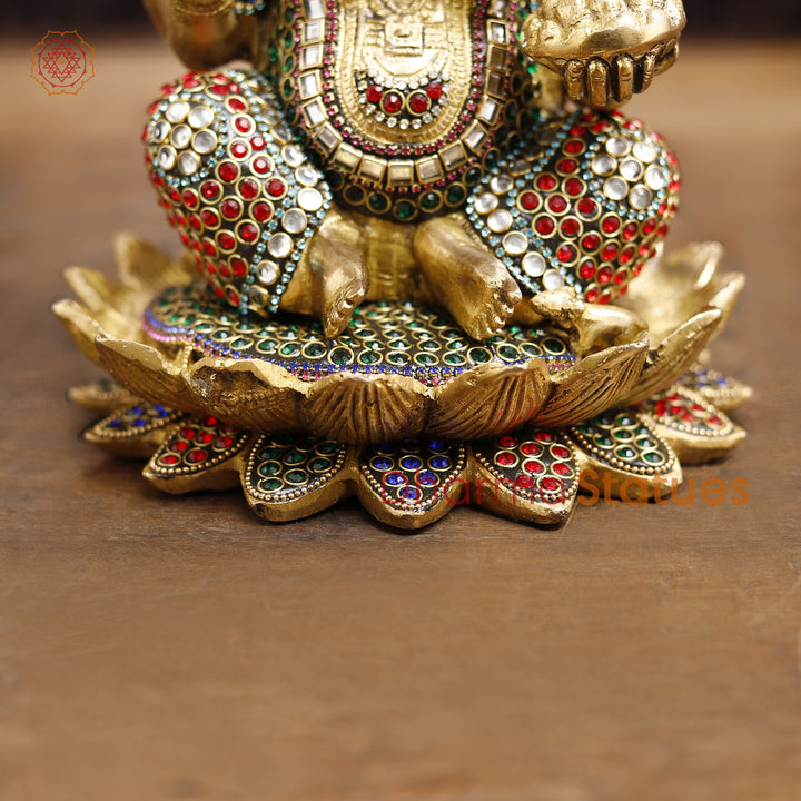 Brass Lord Ganesha Idol, Seated in a Blessing Posture, Golden & Stone work 9.5"