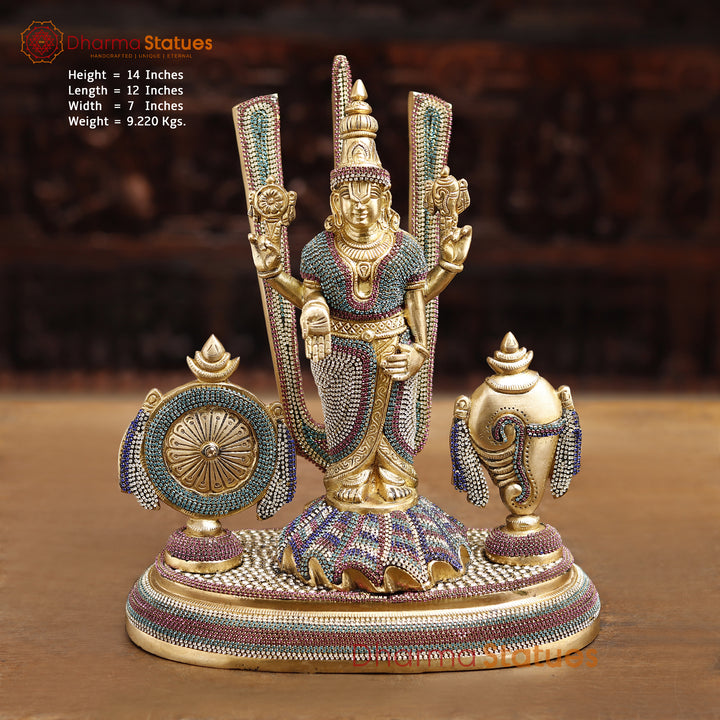 Brass Tirupati Balaji Idol, Fine Golden & Stone Work 14" Front View