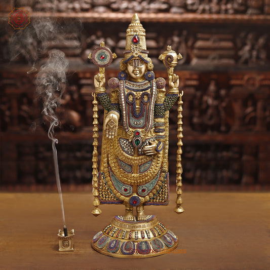 Brass Lord Venkateshwara Idol, Regal Standing Pose Enhanced with Semi-Precious Stones, 24.5"
