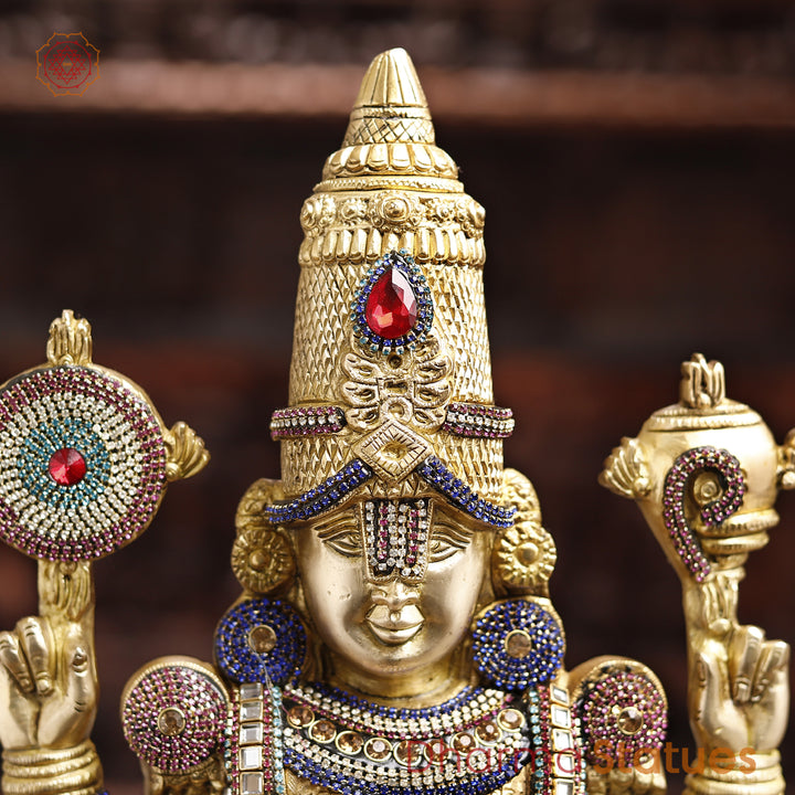 Brass Lord Venkateshwara Idol, Regal Standing Pose Enhanced with Semi-Precious Stones, 24.5"