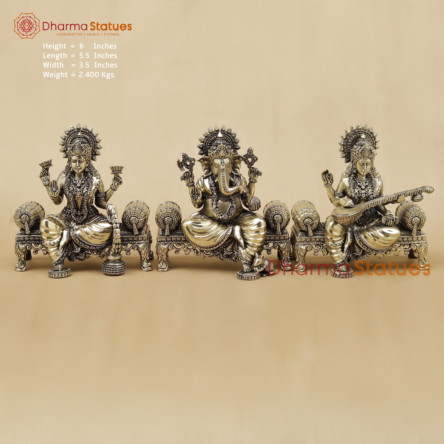 Brass Lakshmi Ganesh Saraswati Fine, 6"