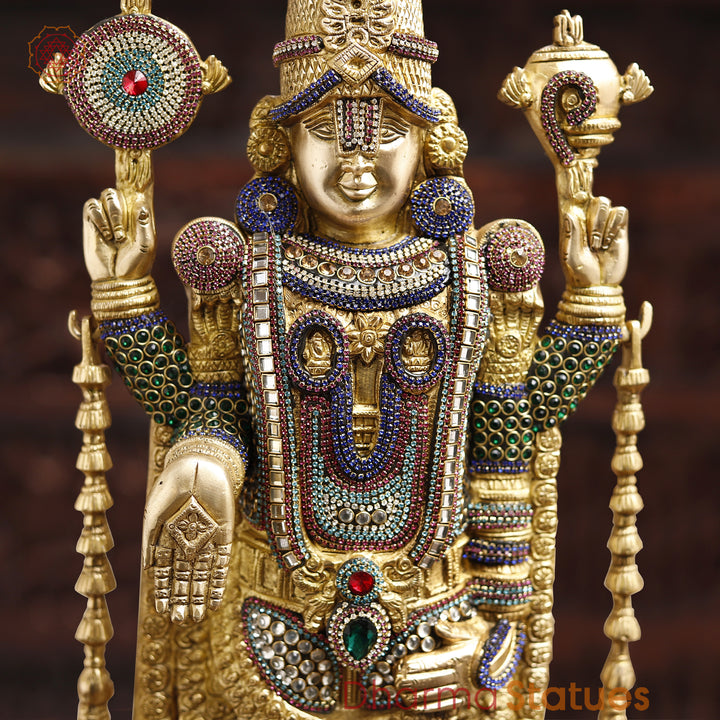 Brass Lord Venkateshwara Idol, Regal Standing Pose Enhanced with Semi-Precious Stones, 24.5"