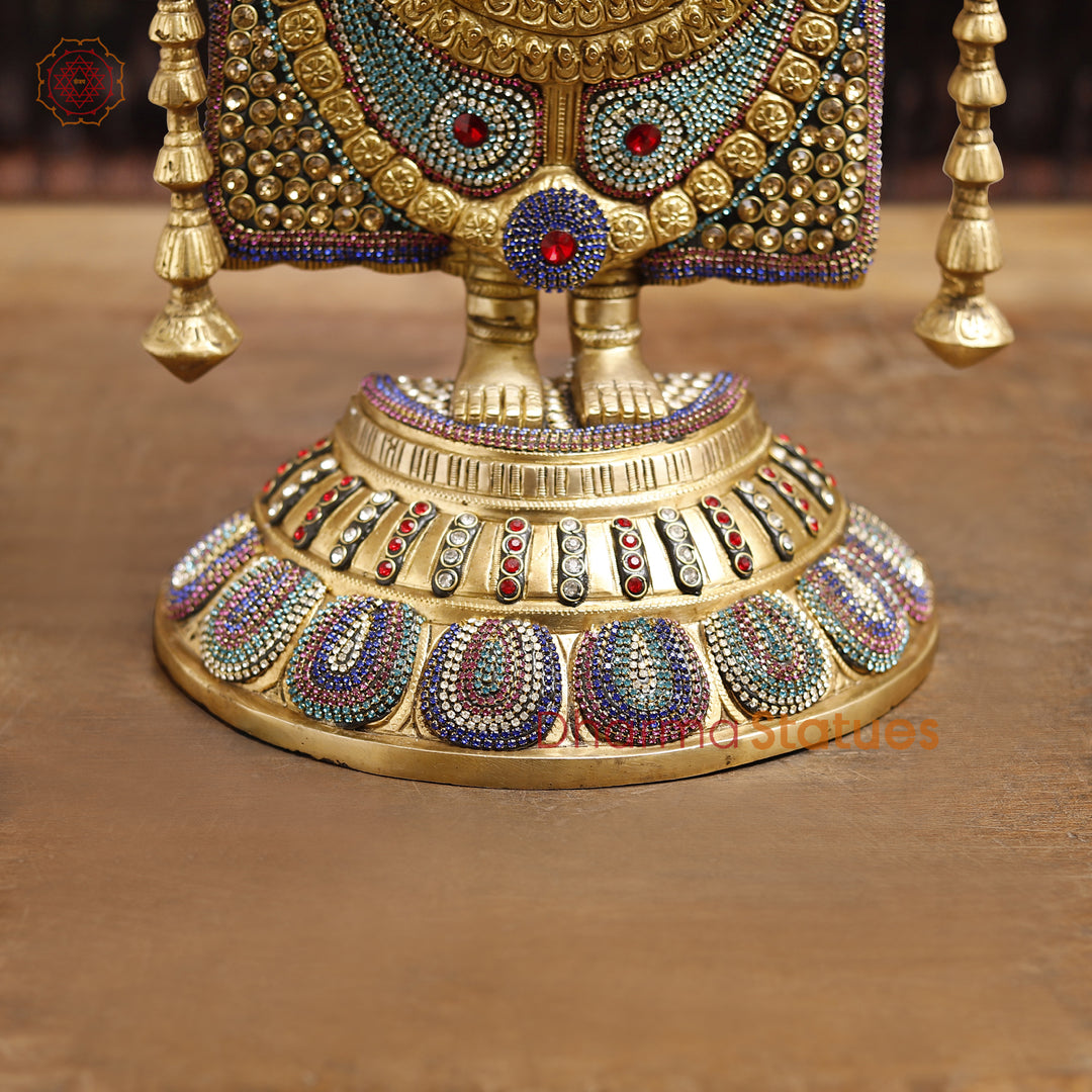 Brass Lord Venkateshwara Idol, Regal Standing Pose Enhanced with Semi-Precious Stones, 24.5"