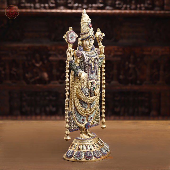 Brass Lord Venkateshwara Idol, Regal Standing Pose Enhanced with Semi-Precious Stones, 24.5"