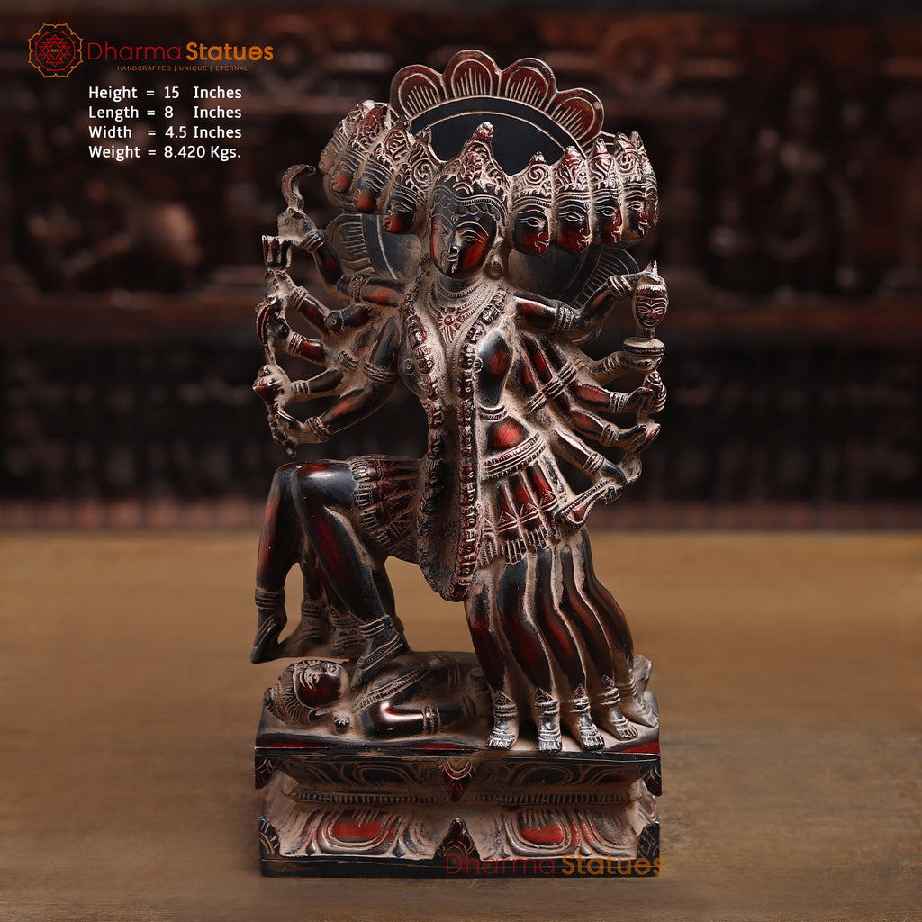 Brass Kaali Idol, Divine Fury Cast in Brass, Antique Copper Finish with Red Hues, 15"