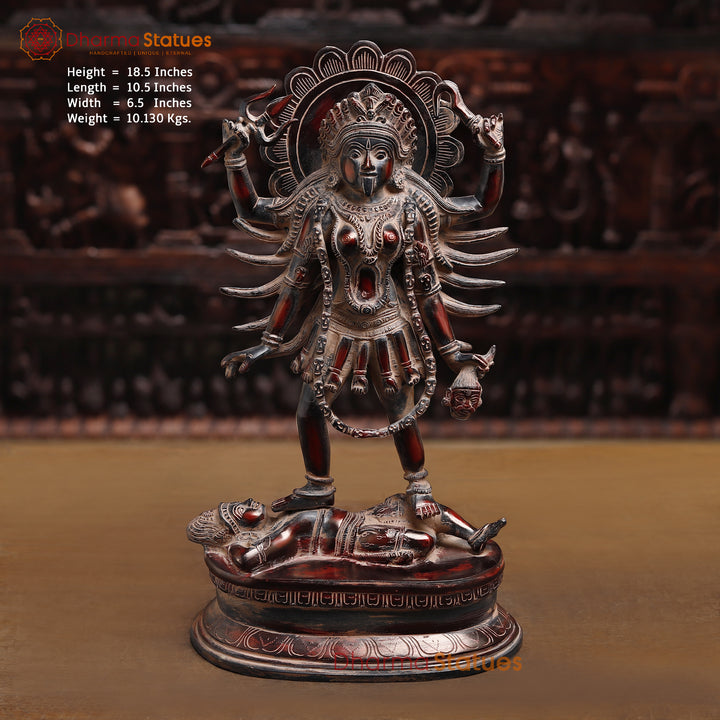 Brass Kaali Statue, The Fierce Protector & Embodiment of Power, Copper Patina Finish 18.5"