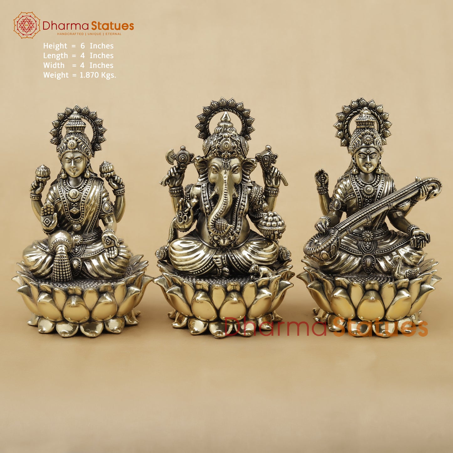 Brass Lakshmi Ganesh Saraswati Fine, 6"