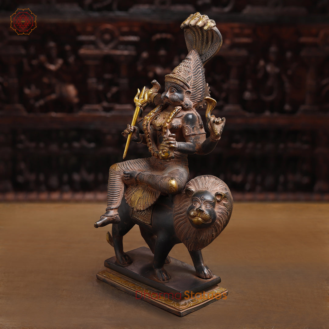 Brass Pratyangira Devi Idol, Seated on a Lion, Antique Finish 19"