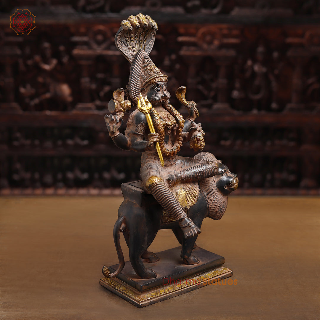 Brass Pratyangira Devi Idol, Seated on a Lion, Antique Finish 19"