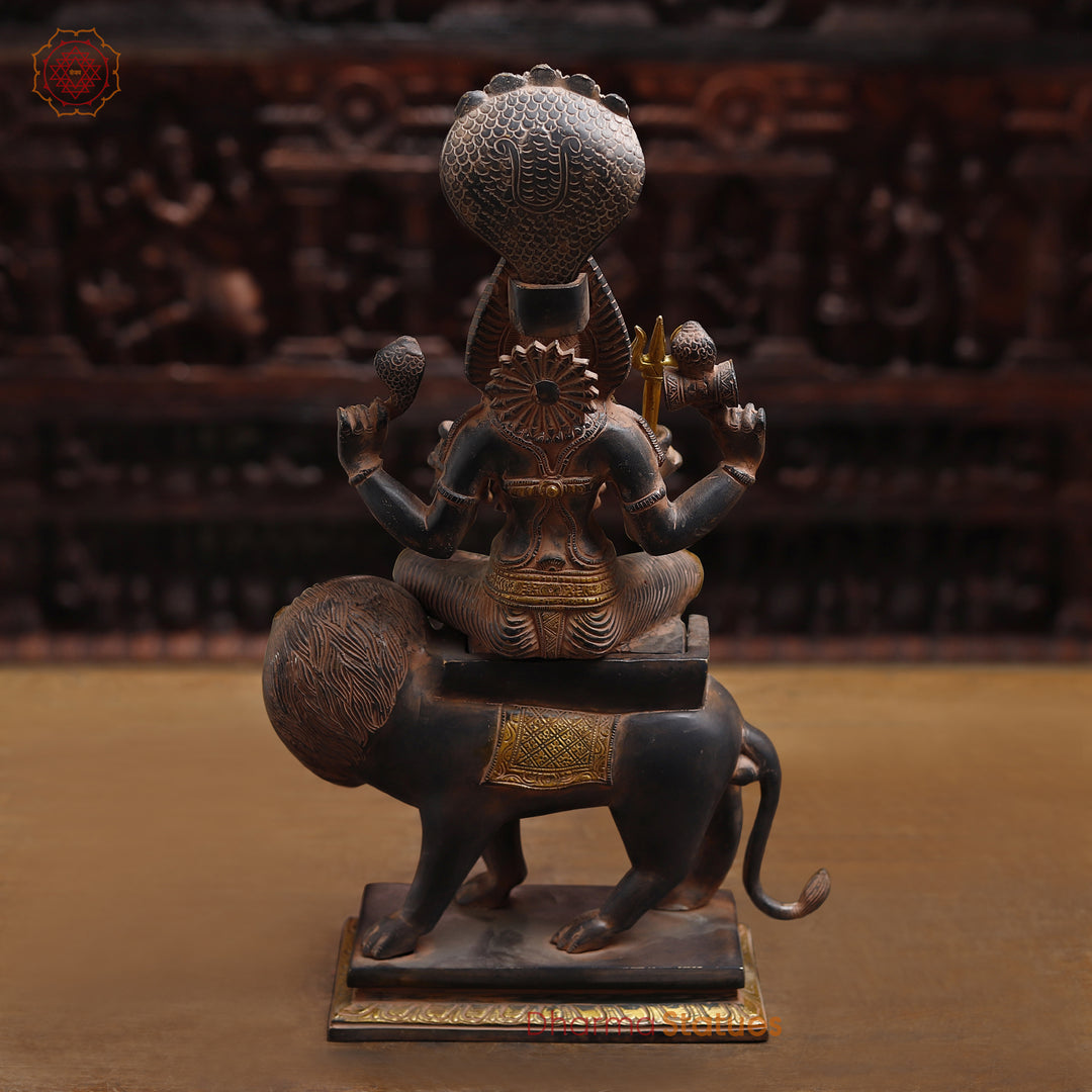 Brass Pratyangira Devi Idol, Seated on a Lion, Antique Bronze Finish 19"