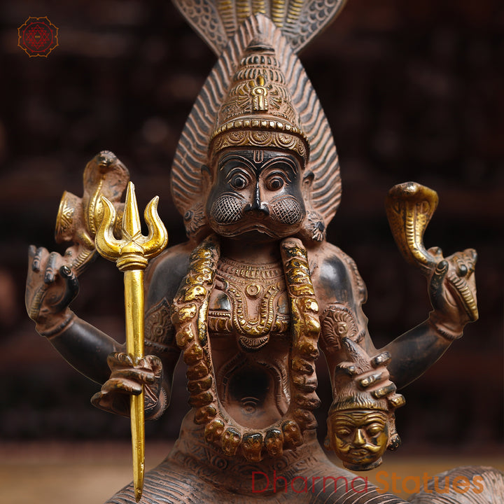 Brass Pratyangira Devi Idol, Seated on a Lion, Antique Bronze Finish 19"