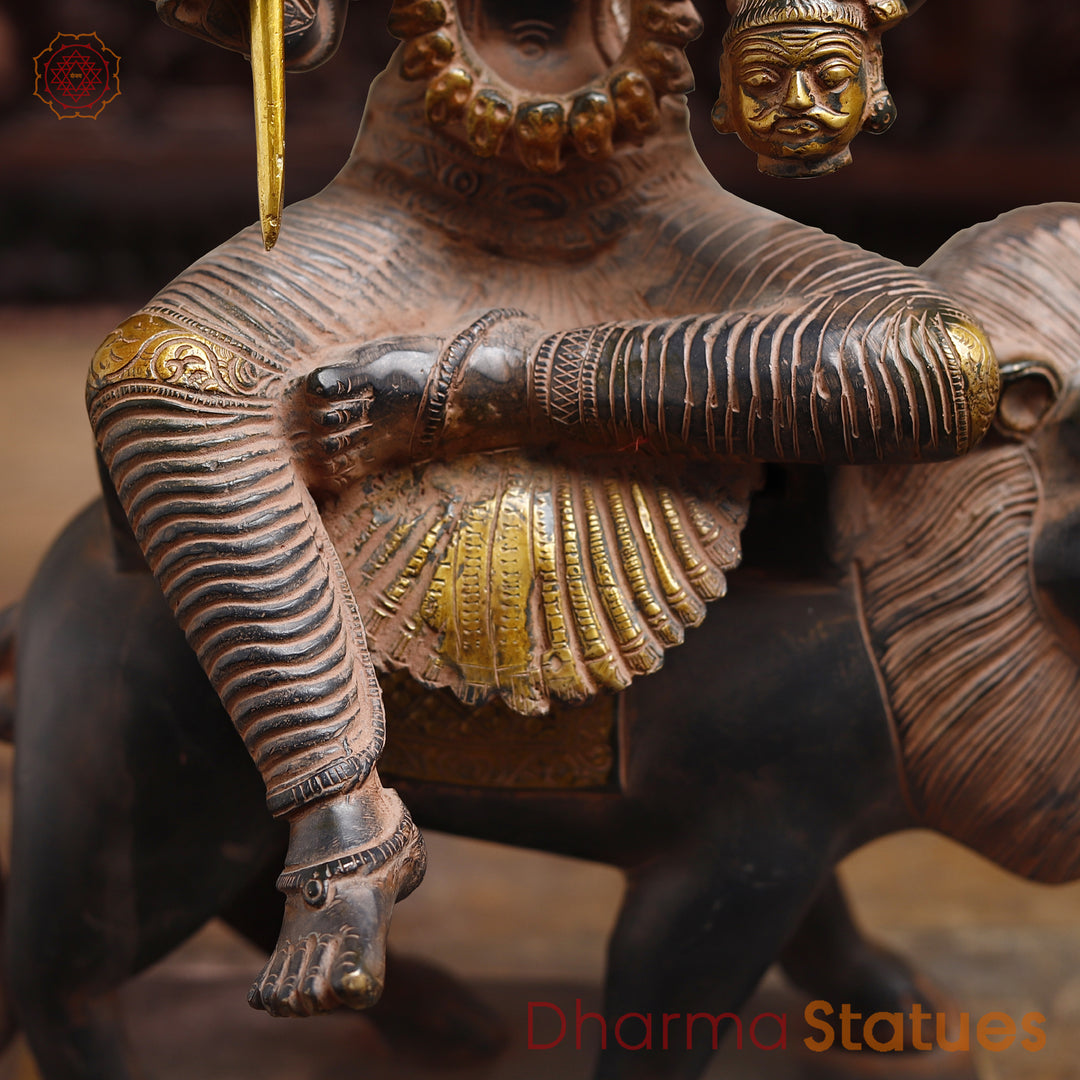 Brass Pratyangira Devi Idol, Seated on a Lion, Antique Bronze Finish 19"