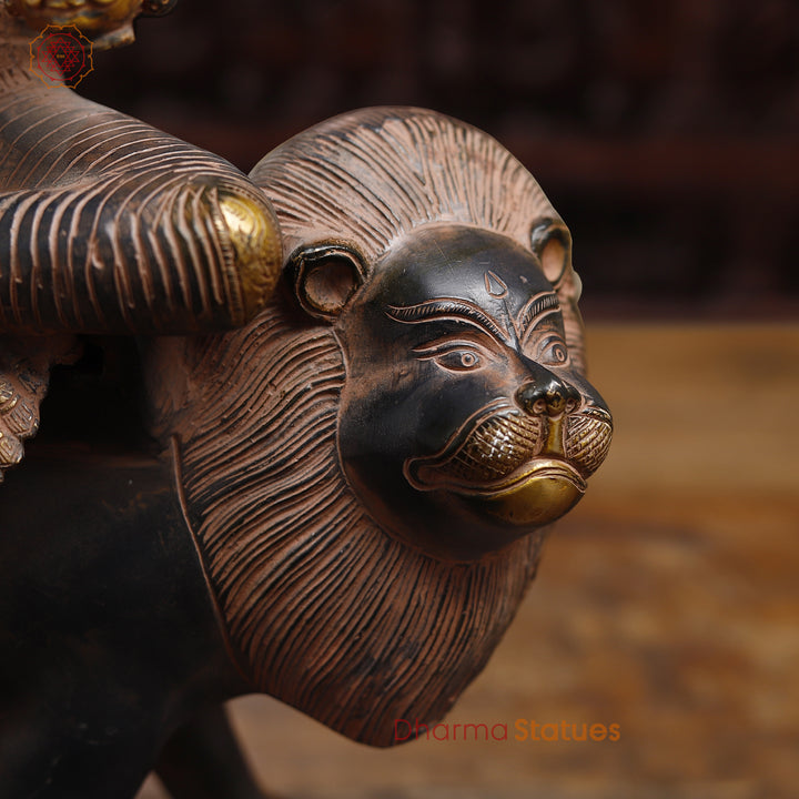 Brass Pratyangira Devi Idol, Seated on a Lion, Antique Finish 19"