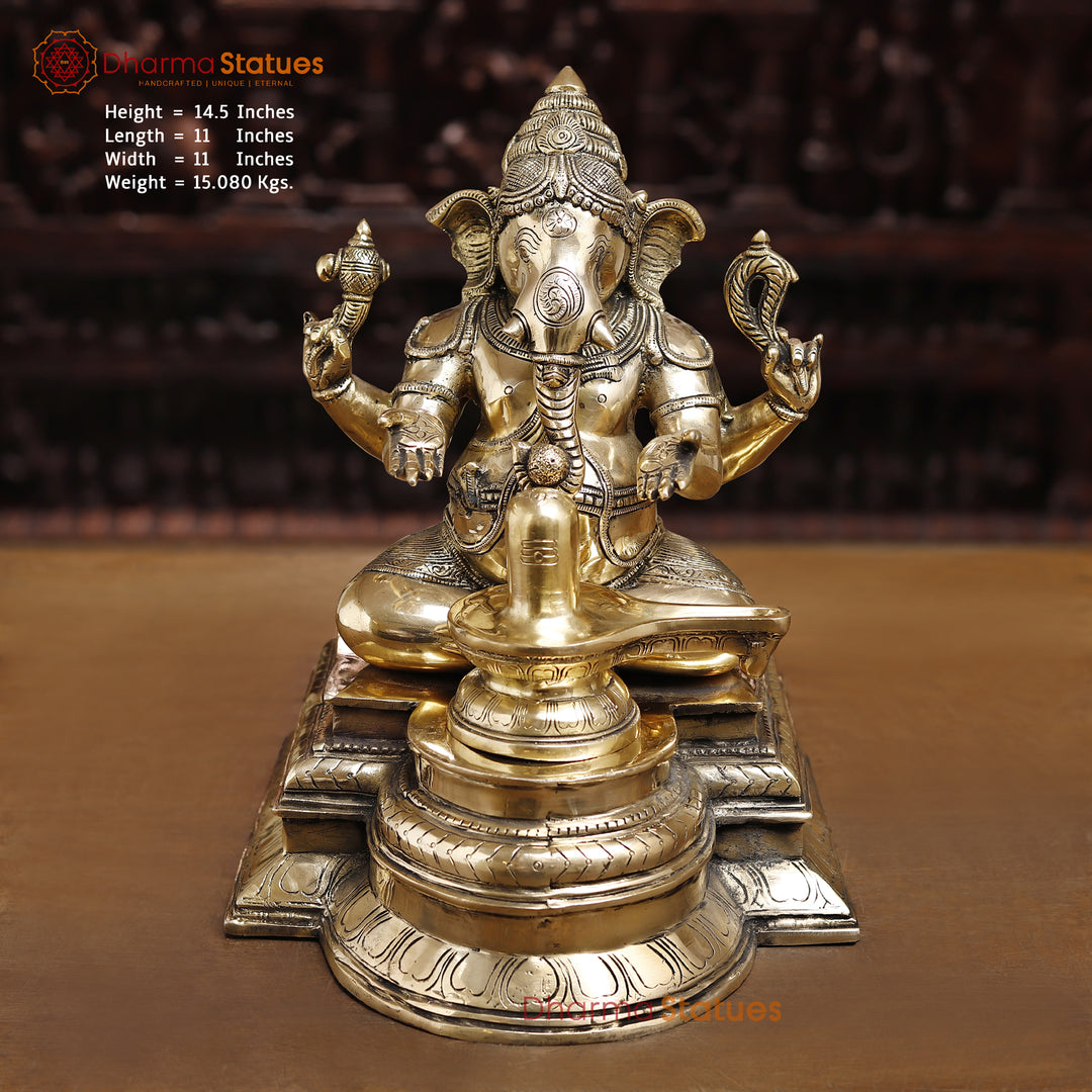 Brass Lingam Ganesh Statues, Golden Fine Finish, 14.5" Front View