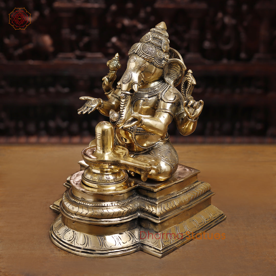 Brass Lingam Ganesh Statues, Golden Fine Finish, 14.5"