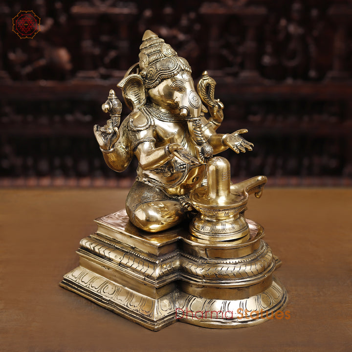 Brass Lingam Ganesh Statues, Golden Fine Finish, 14.5"