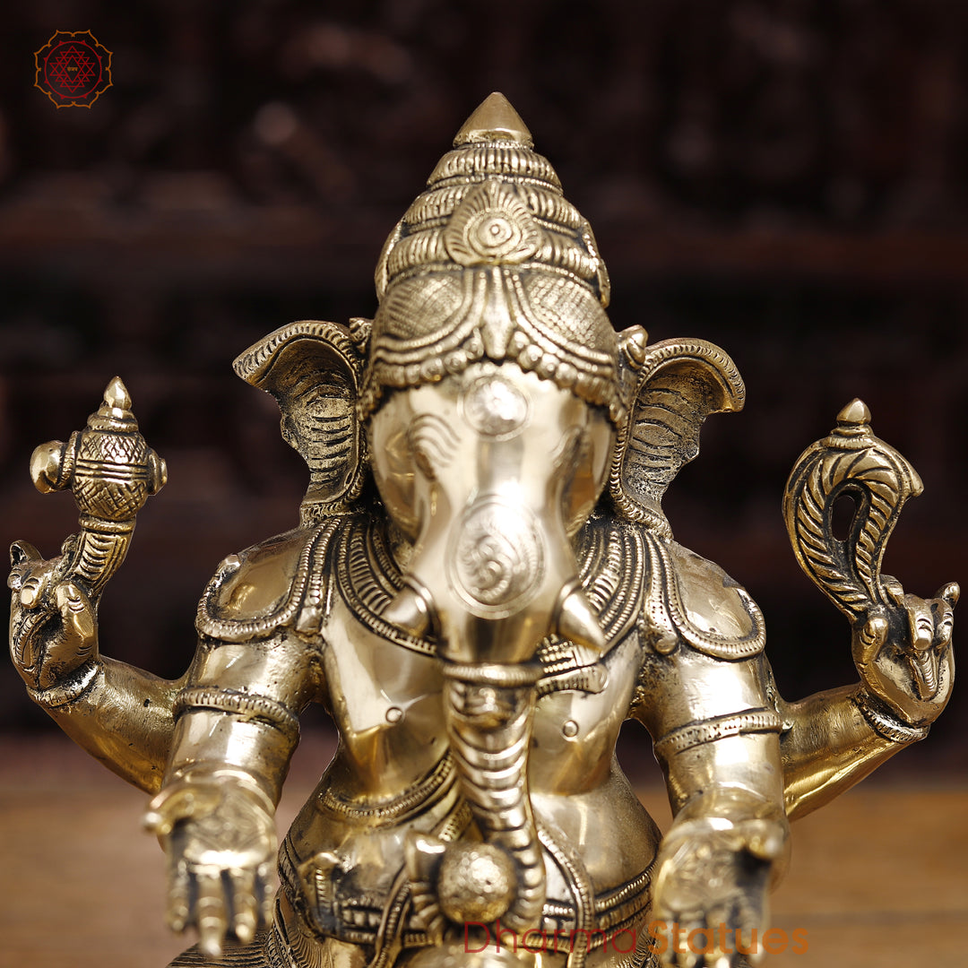 Brass Lingam Ganesh Statues, Golden Fine Finish, 14.5"