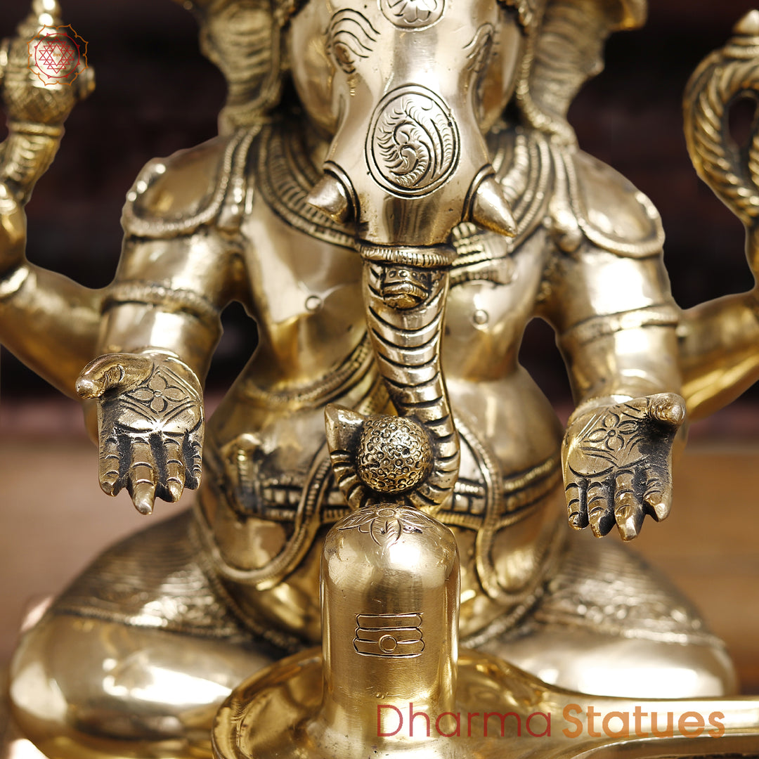 Brass Lingam Ganesh Statues, Golden Fine Finish, 14.5"