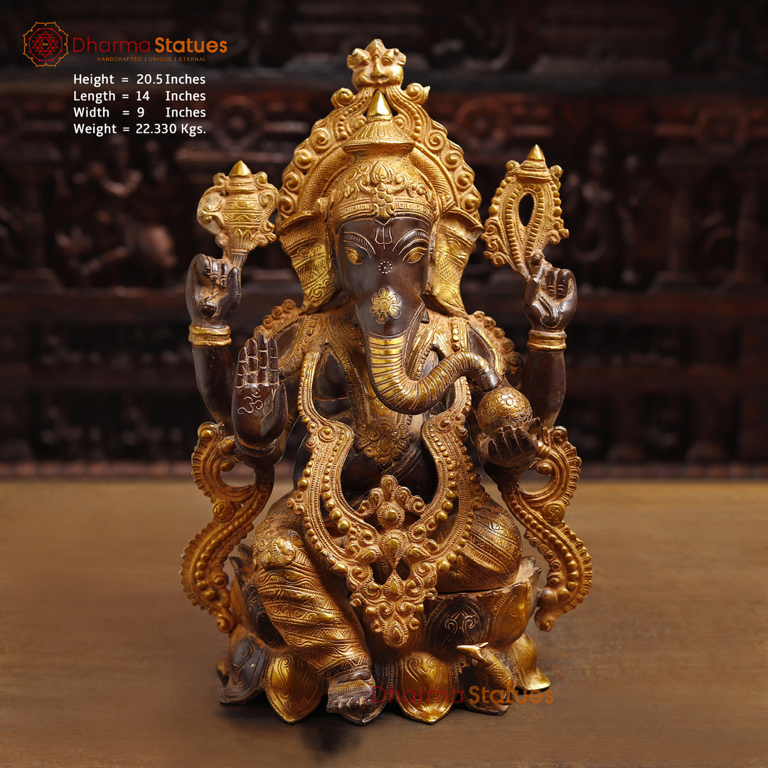 Brass Lord Ganesh Idol, Seated on Pedestal, Golden & Brown 20.5" Front View