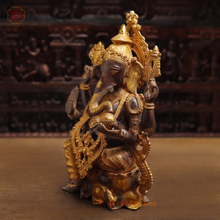 Brass Lord Ganesh Idol, Seated on Pedestal, Golden & Brown 20.5"