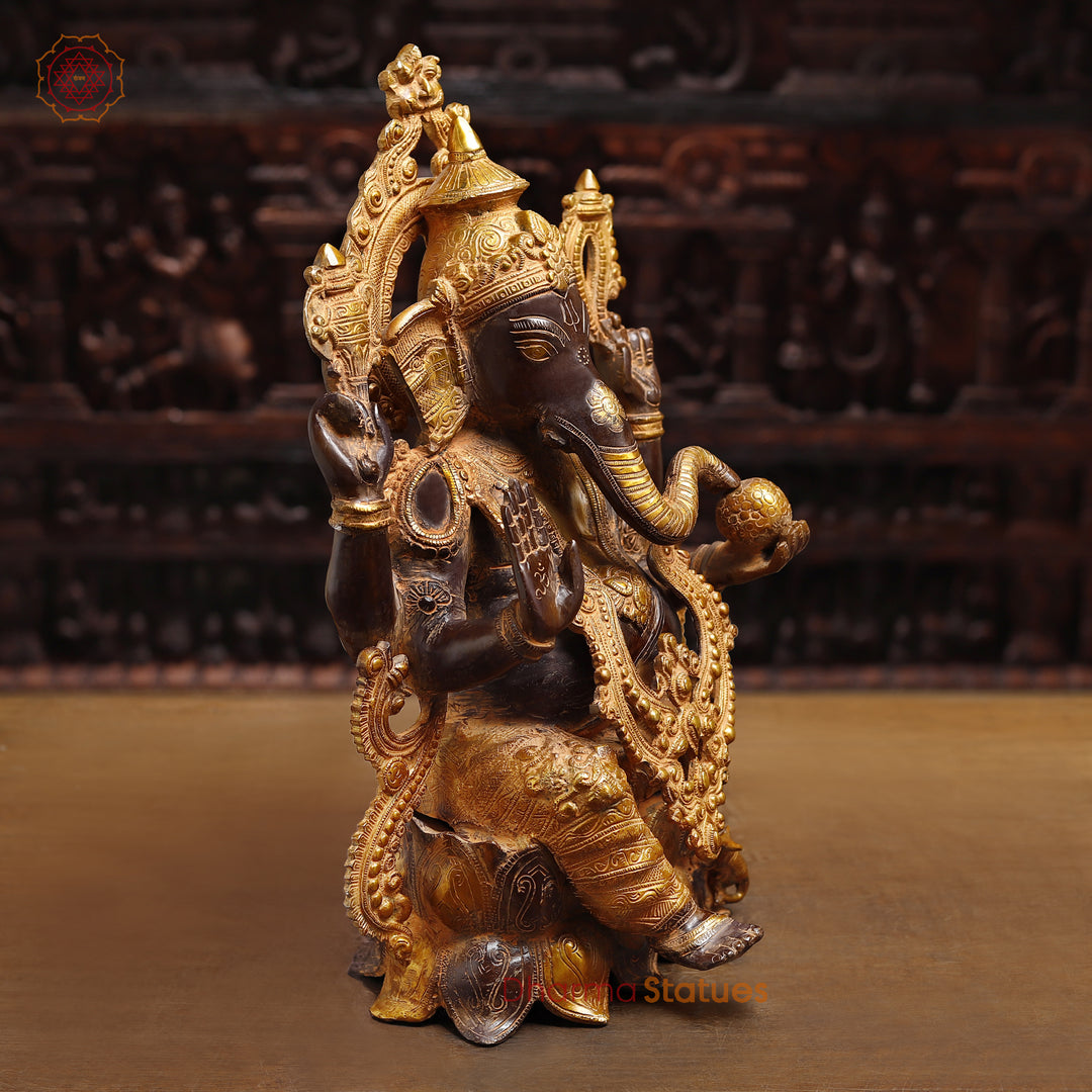 Brass Lord Ganesh Idol, Seated on Pedestal, Golden & Brown 20.5"