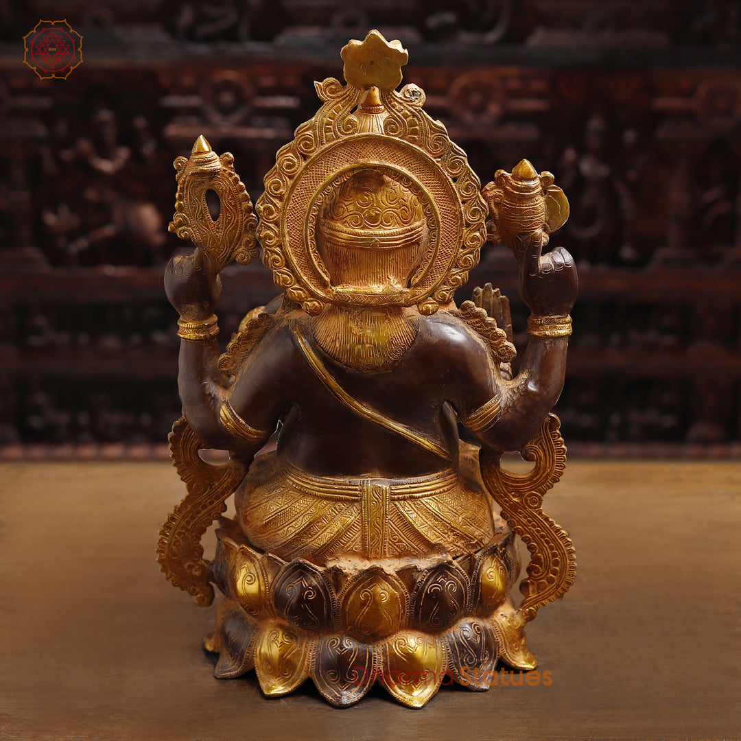 Brass Lord Ganesh Idol, Seated on Pedestal, Golden & Brown 20.5"