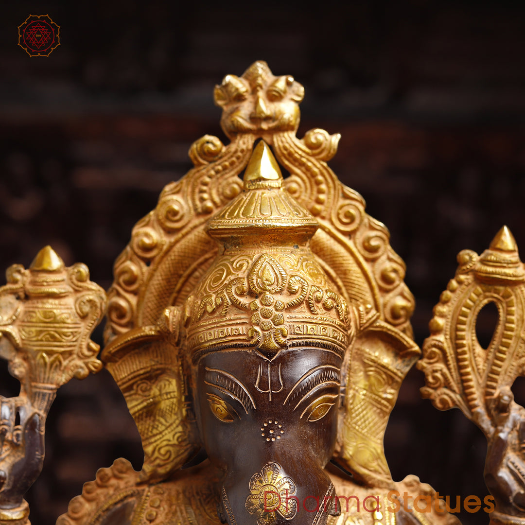 Brass Lord Ganesh Idol, Seated on Pedestal, Golden & Brown 20.5"