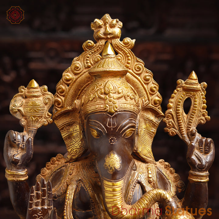 Brass Lord Ganesh Idol, Seated on Pedestal, Golden & Brown 20.5"