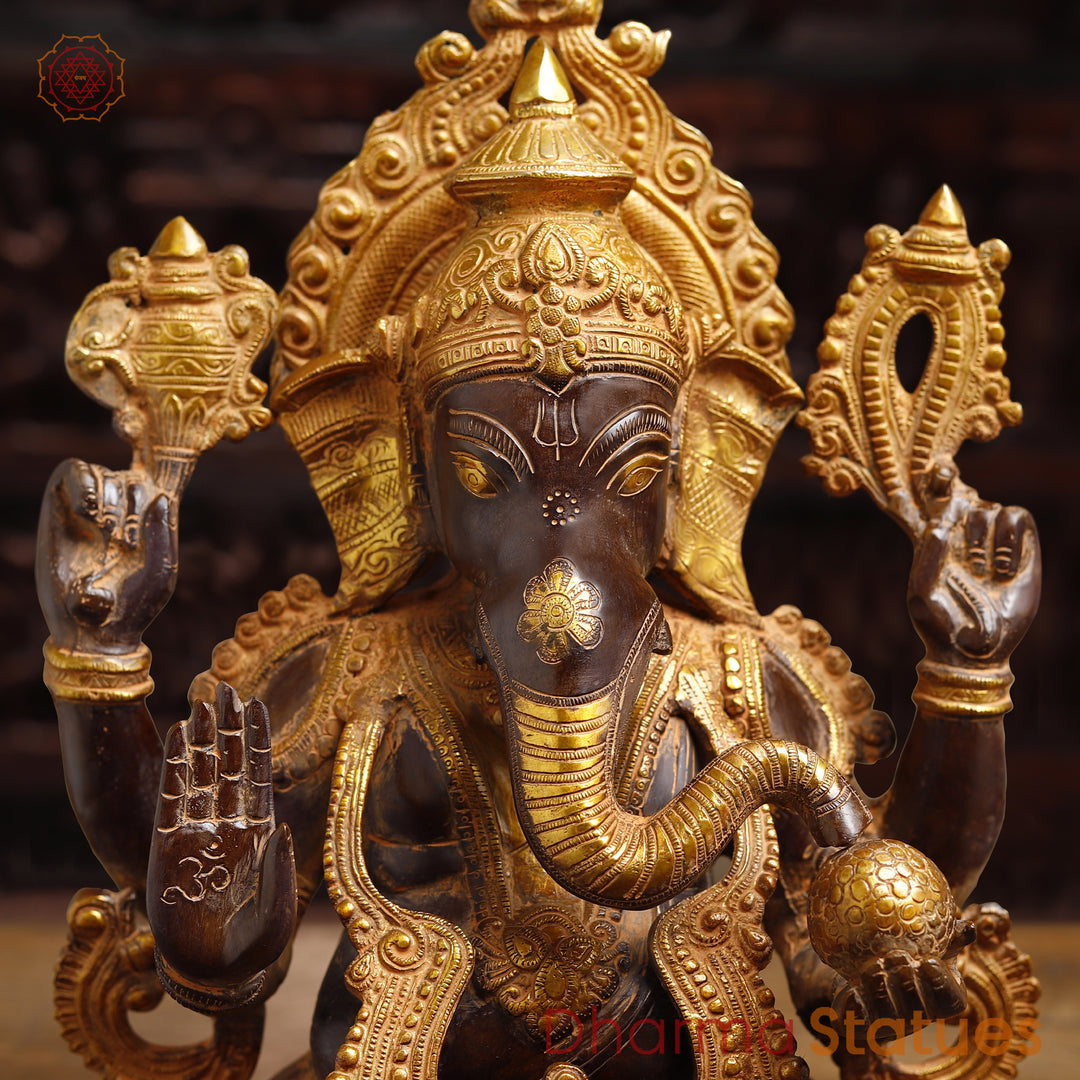 Brass Lord Ganesh Idol, Seated on Pedestal, Golden & Brown 20.5"