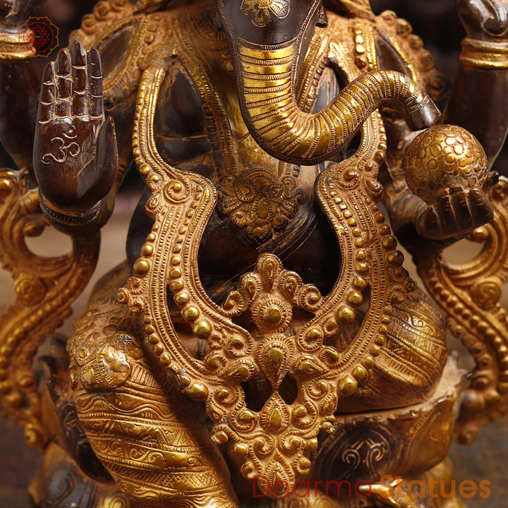 Brass Lord Ganesh Idol, Seated on Pedestal, Golden & Brown 20.5"