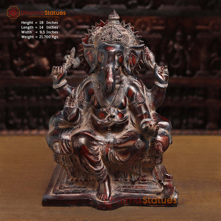 Brass Lord Ganesha Idol, Sitting on pedestal, Copper Fine Finish 18" Front View