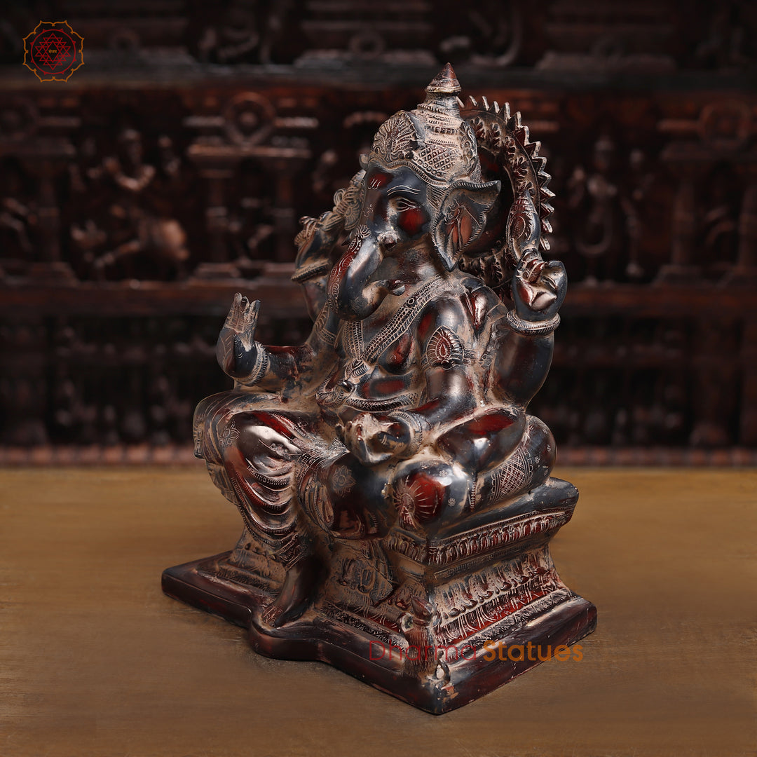 Brass Lord Ganesha Idol, Sitting on pedestal, Copper Fine Finish 18"