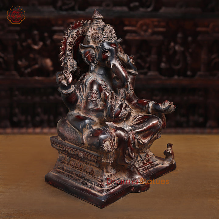 Brass Lord Ganesha Idol, Sitting on pedestal, Copper Fine Finish 18"