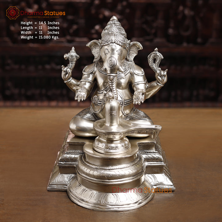 Brass Lingam Ganesh Statue, Ganesha Sitting In Front of Shiv lingam, Silver Finish 14.5" Front View