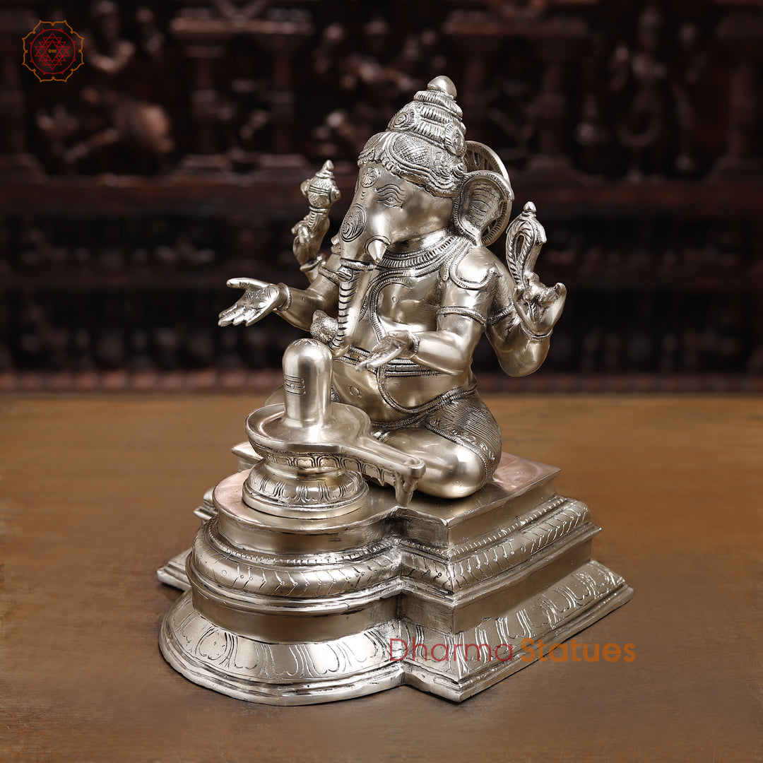 Brass Lingam Ganesh Statue, Ganesha Sitting In Front of Shiv lingam, Silver Finish 14.5"