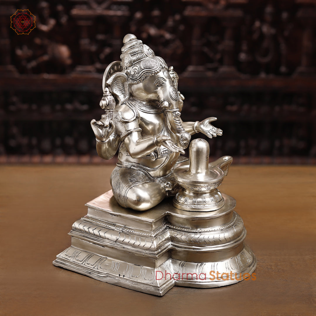 Brass Lingam Ganesh Statue, Ganesha Sitting In Front of Shiv lingam, Silver Finish 14.5"