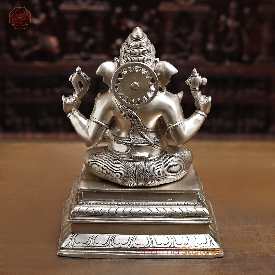 Brass Lingam Ganesh Statue, Ganesha Sitting In Front of Shiv lingam, Silver Finish 14.5"