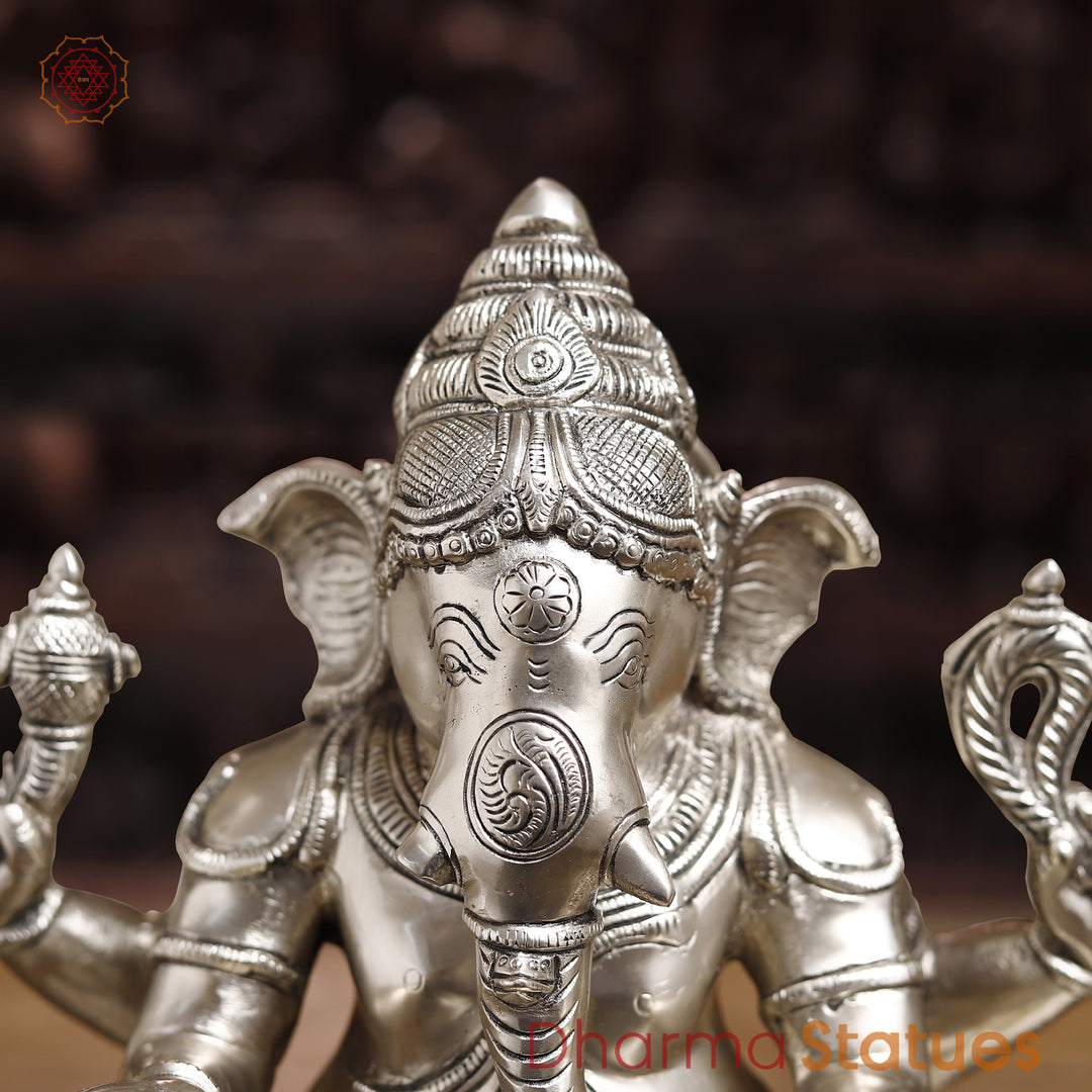 Brass Lingam Ganesh Statue, Ganesha Sitting In Front of Shiv lingam, Silver Finish 14.5"