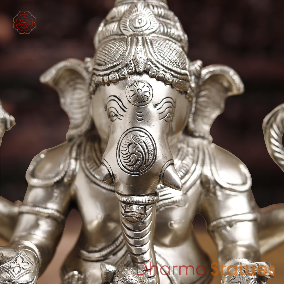 Brass Lingam Ganesh Statue, Ganesha Sitting In Front of Shiv lingam, Silver Finish 14.5"