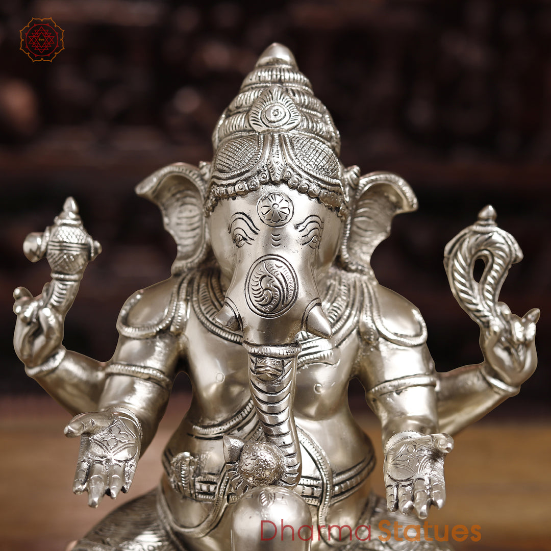 Brass Lingam Ganesh Statue, Ganesha Sitting In Front of Shiv lingam, Silver Finish 14.5"