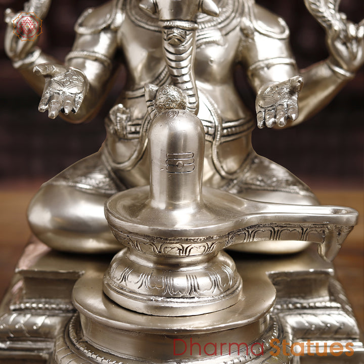 Brass Lingam Ganesh Statue, Ganesha Sitting In Front of Shiv lingam, Silver Finish 14.5"