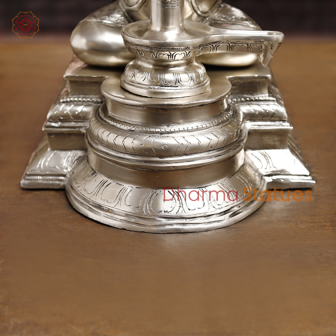 Brass Lingam Ganesh Statue, Ganesha Sitting In Front of Shiv lingam, Silver Finish 14.5"