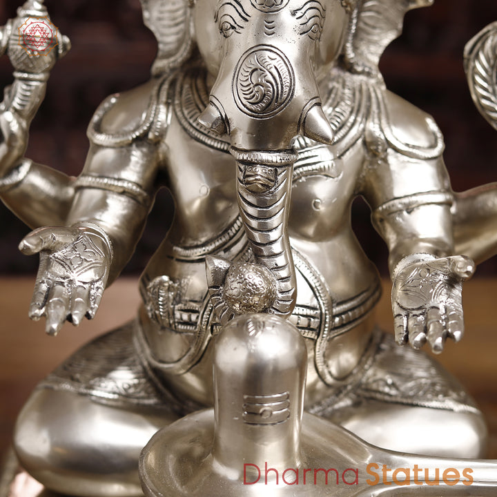 Brass Lingam Ganesh Statue, Ganesha Sitting In Front of Shiv lingam, Silver Finish 14.5"