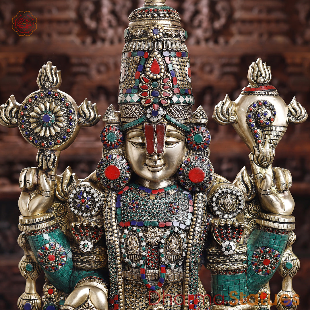 Brass Tirupati Balaji Idol, Venkateshwara Standing, Intricate Stone Work 46.5"