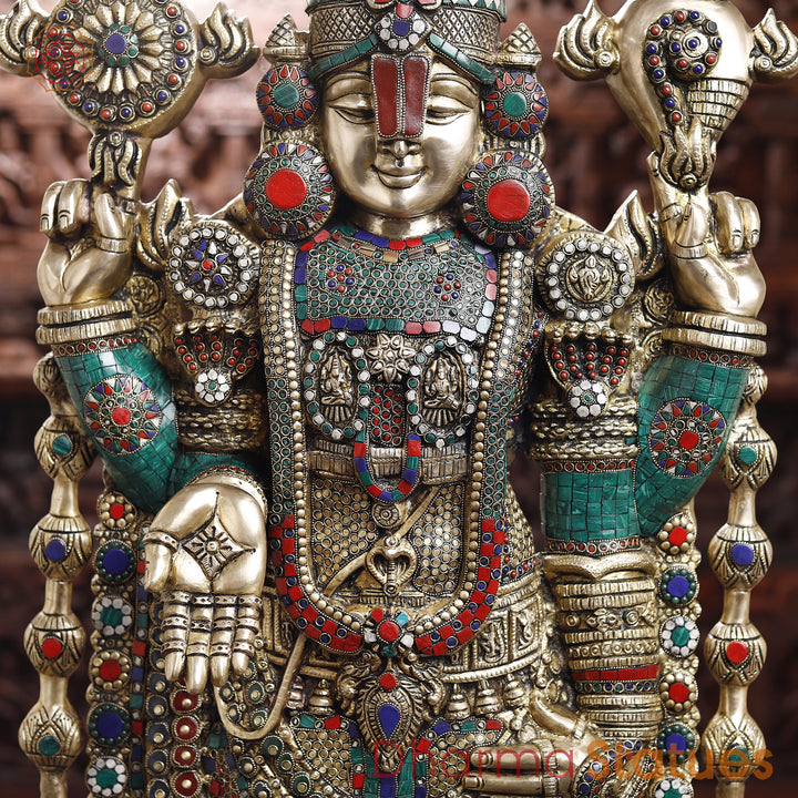 Brass Tirupati Balaji Idol, Venkateshwara Standing, Intricate Stone Work 46.5"